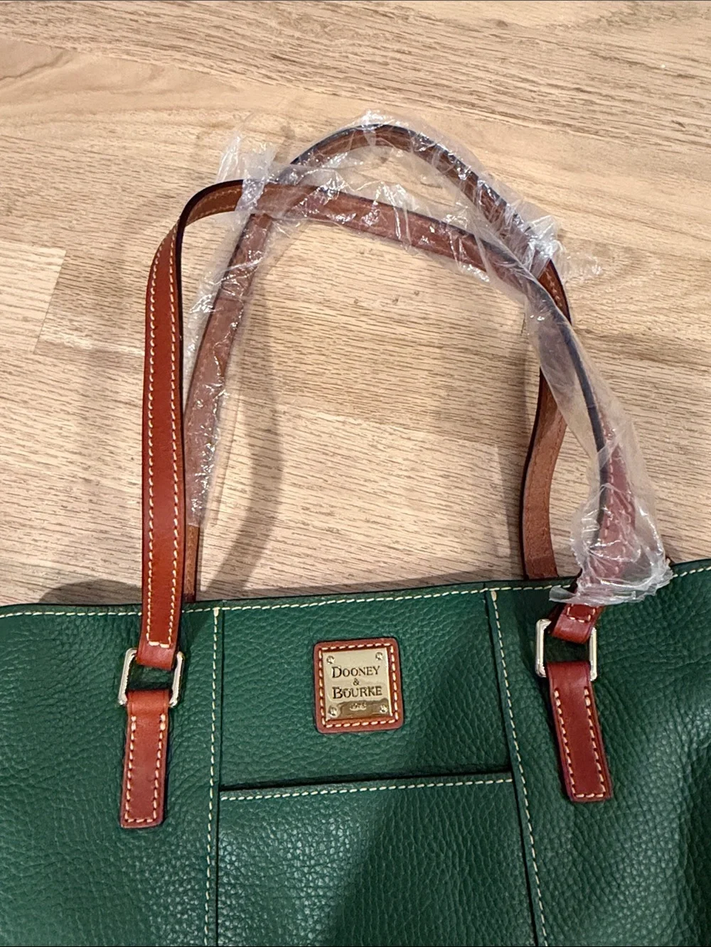 Dooney & Bourke Green Pebbled Leather Tote with Brown Straps